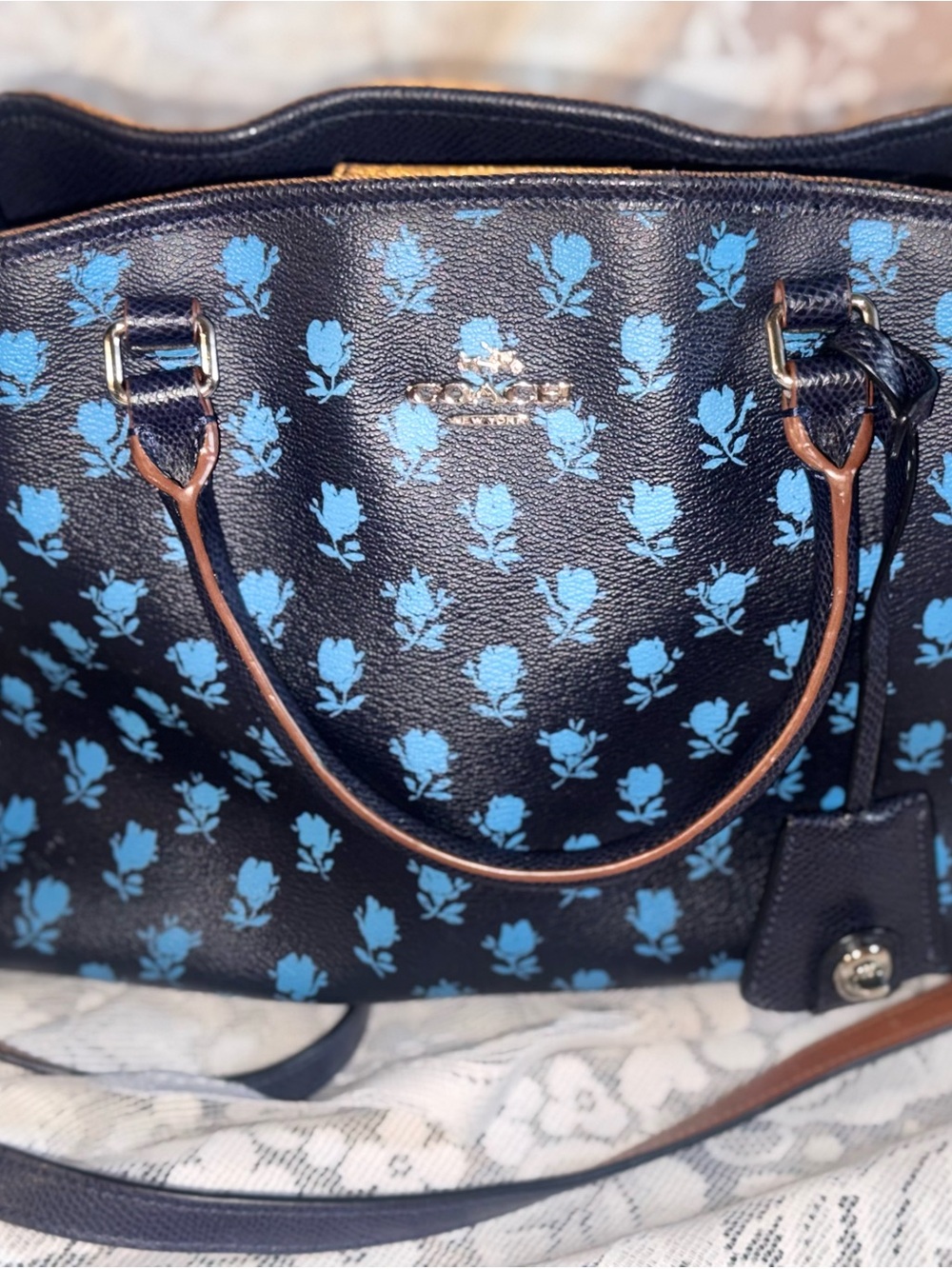 Coach Navy Shoulder Bag with Blue Rose Print and Brown Trim
